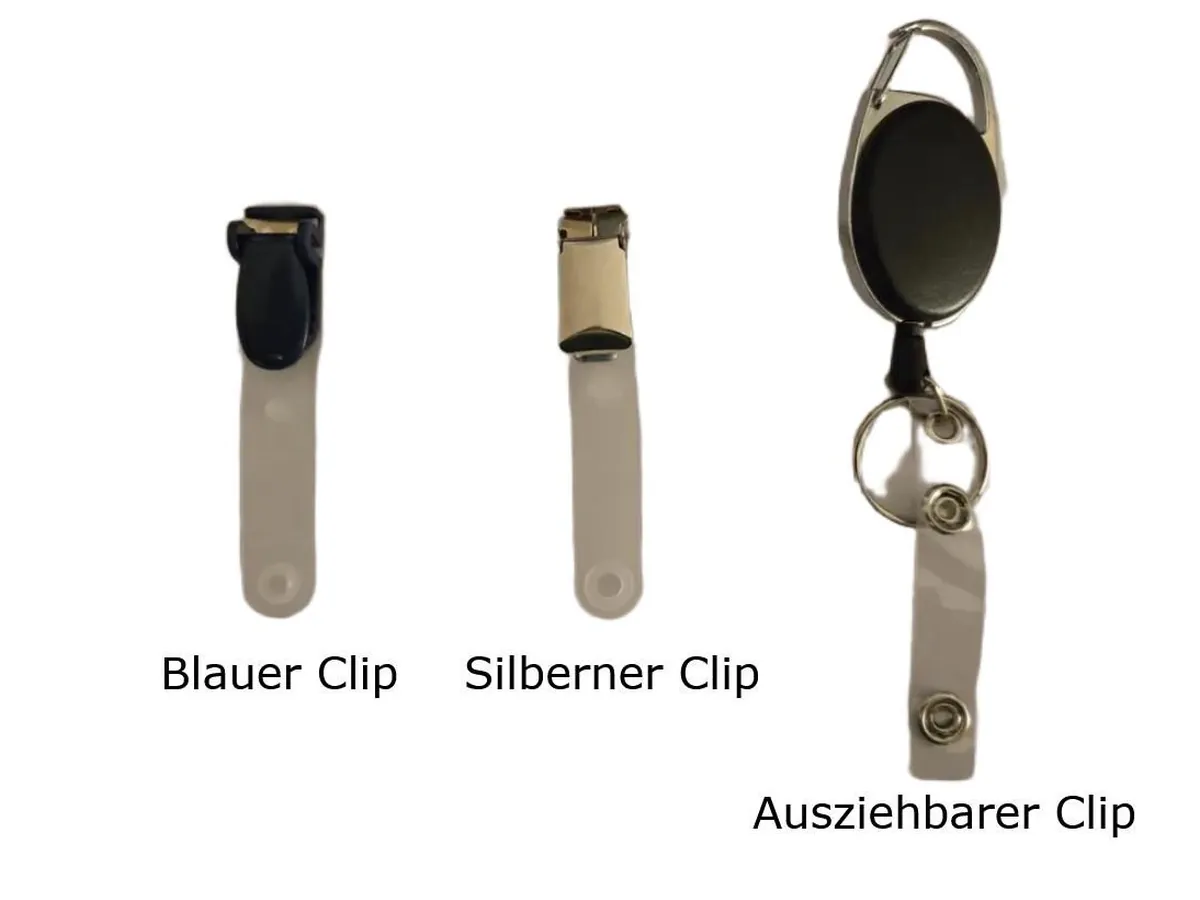 Die drei Clip-Varianten: blauer Clip, silberner Clip und ausziehbarer Clip