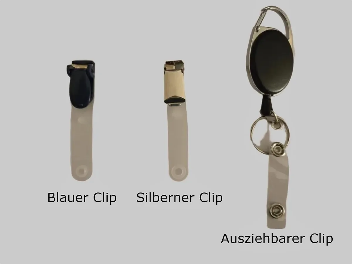 Die drei Clip-Varianten: blauer Clip, silberner Clip und ausziehbarer Clip