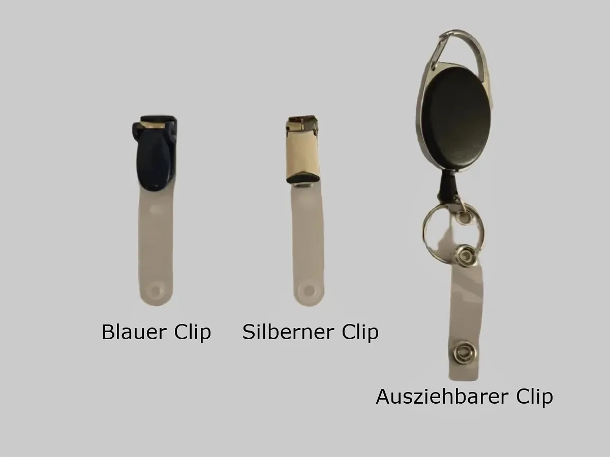 Die drei Clip-Varianten: blauer Clip, silberner Clip und ausziehbarer Clip