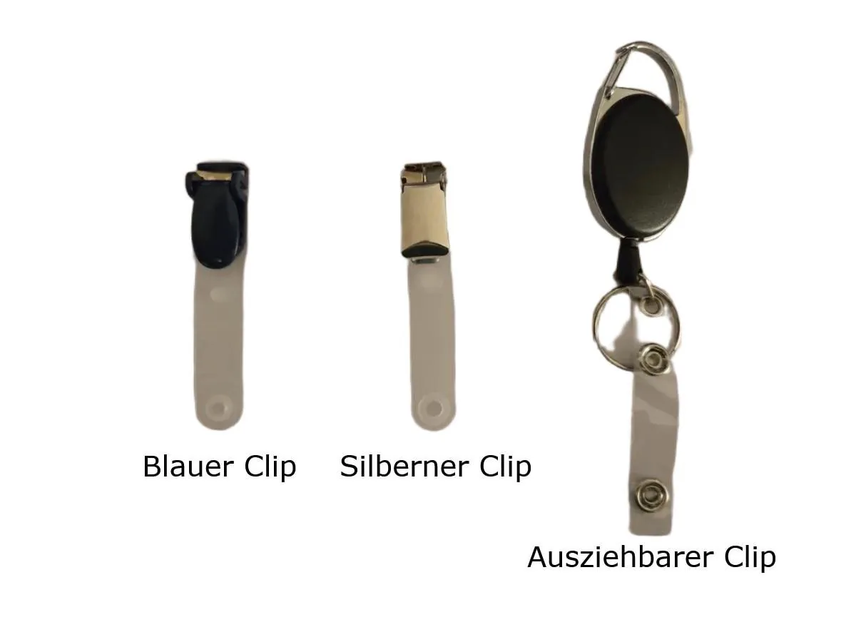 Die drei Clip-Varianten: blauer Clip, silberner Clip und ausziehbarer Clip