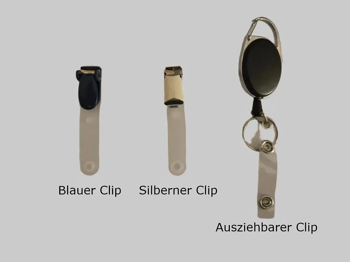 Die drei Clip-Varianten: blauer Clip, silberner Clip und ausziehbarer Clip