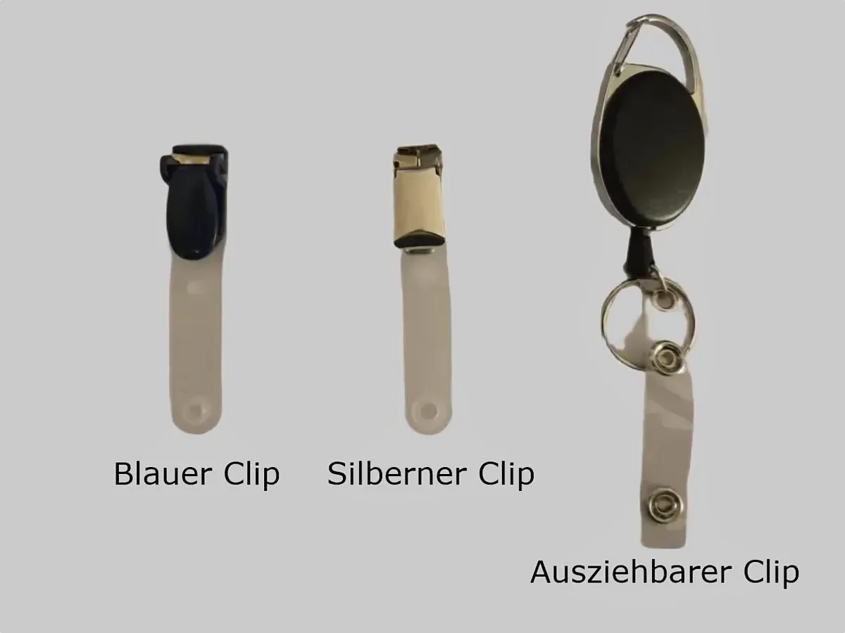 Die drei Clip-Varianten: blauer Clip, silberner Clip und ausziehbarer Clip