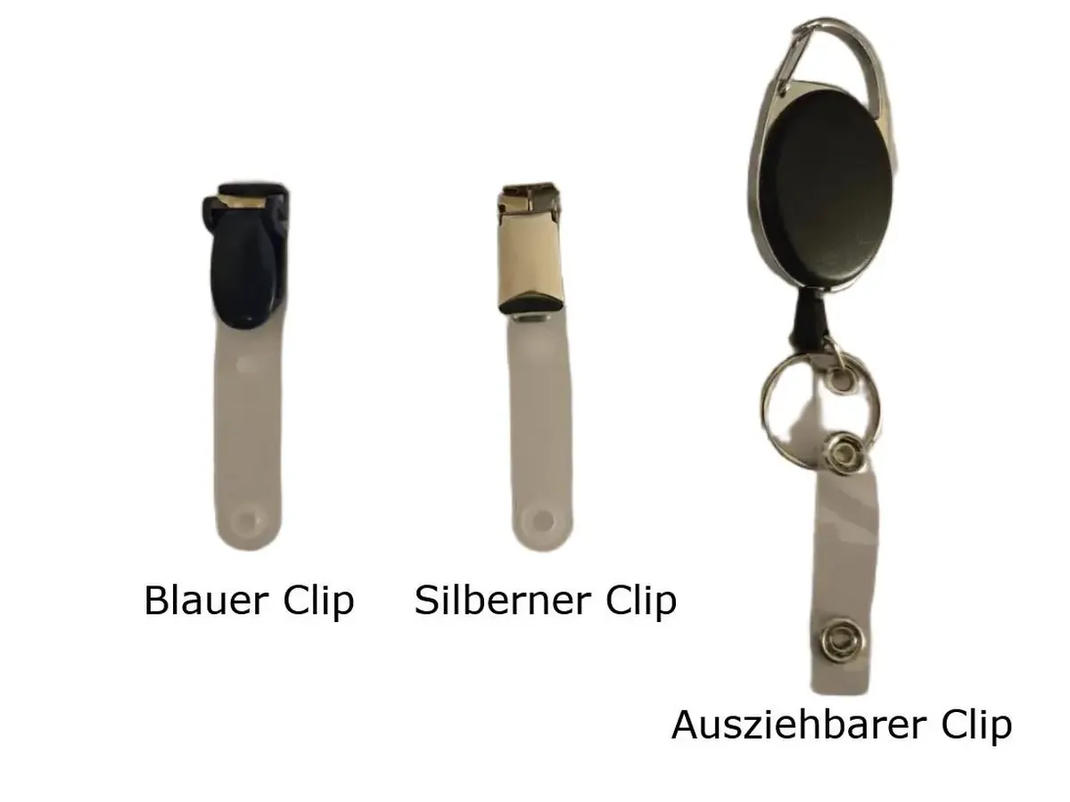 Die drei Clip-Varianten: blauer Clip, silberner Clip und ausziehbarer Clip